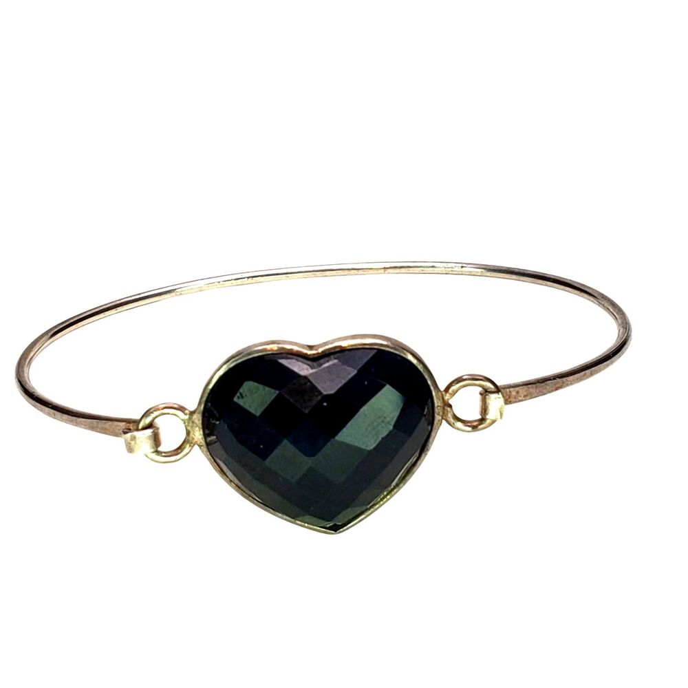 Black Heart 925 Sterling Silver Onyx Bangle Bracelet Goth Emo Faceted 11.3gr